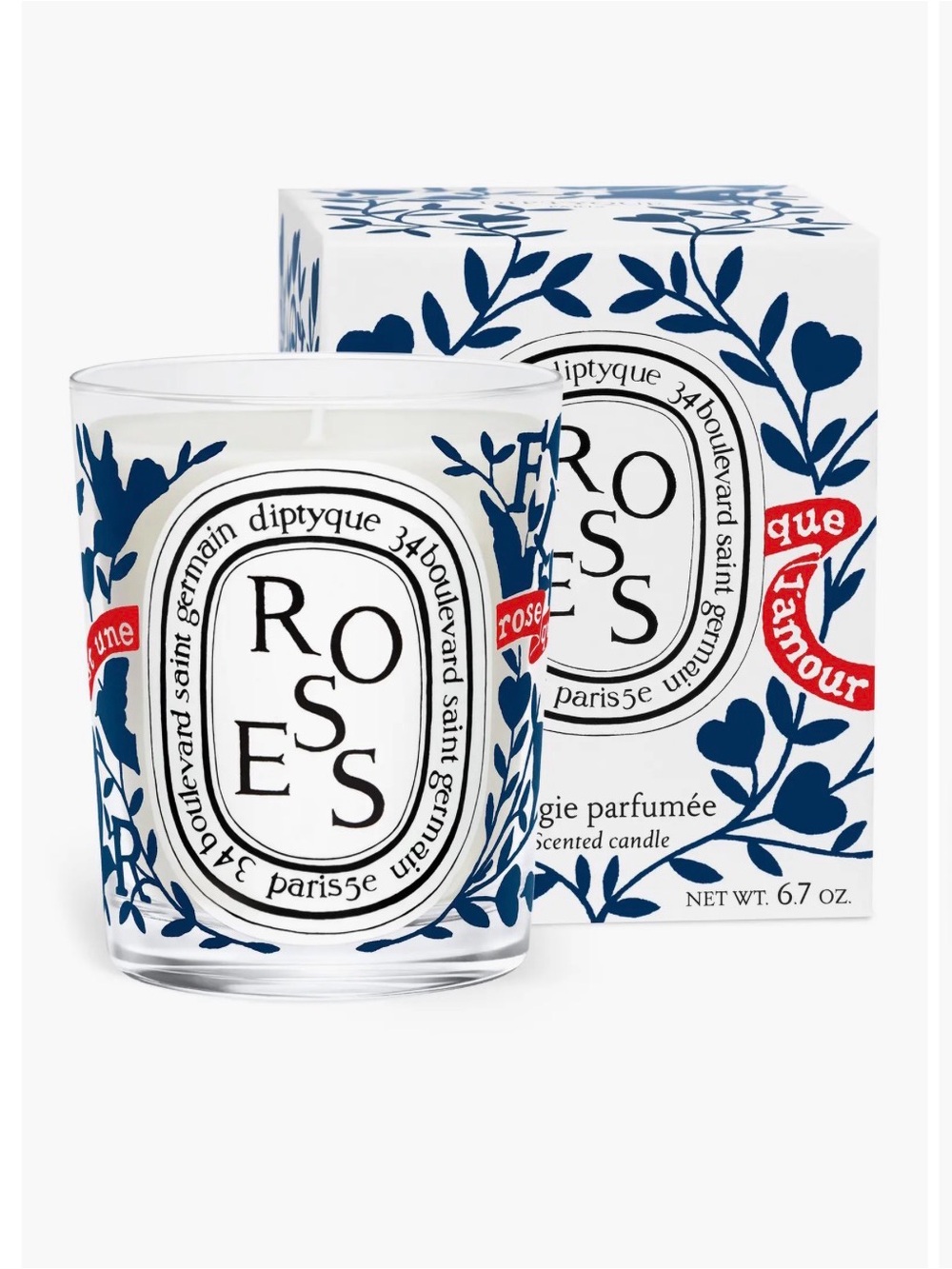 diptyque Roses Scented Candle — White with Navy and Red Accents